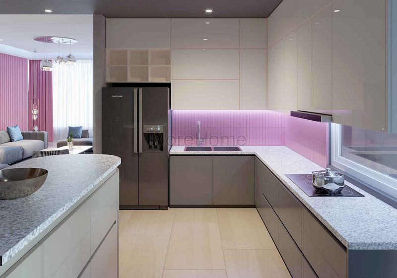 Mẫu tủ bếp gỗ màu ghi xám, mặt bếp ốp đá cao cấp tạo nên không gian bếp sạch sẽ và thoáng rộng