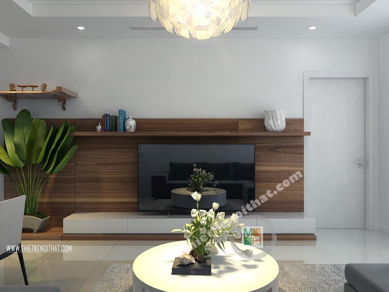 Thiết kế kệ gỗ với tấm ép veneer tông màu trầm đã được sử dụng để thu hút sự chú ý và tăng thêm tính công năng cho không gian.