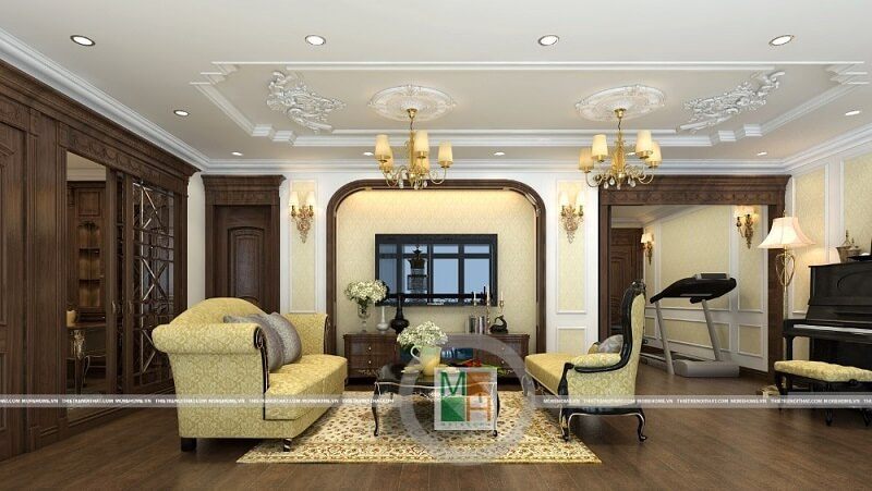 Mẫu thiết kế phòng khách chung cư đẹp với bộ sofa tân cổ điển màu vàng ánh kim ấn tượng cuốn hút mọi ánh nhìn