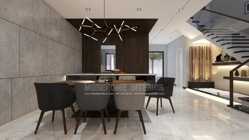 Trang trí phòng ăn ấn tượng với trang trí bộ bàn ghế hiện đại dành cho tối đa 7 thành viên: những chiếc ghế khác nhau chuyển tone, bàn găn gỗ nguyên khối với ánh sáng đèn độc đáo.
