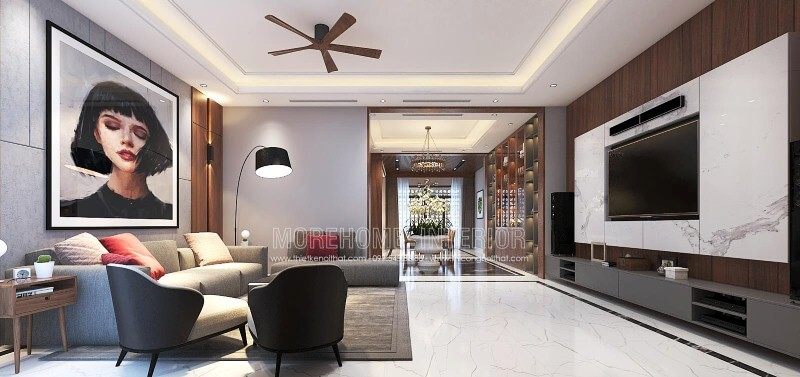 Thiết kế nội thất phòng khách liền phòng ăn đẹp, sang trọng cho biệt thự, nhà phố tại Vinh, Nghệ An.